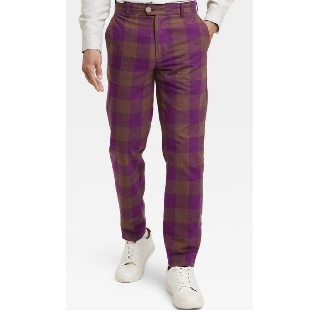 Houston White NWT Plaid Gingham Pants Size 36 x 34 Preppy Straight Leg Purple